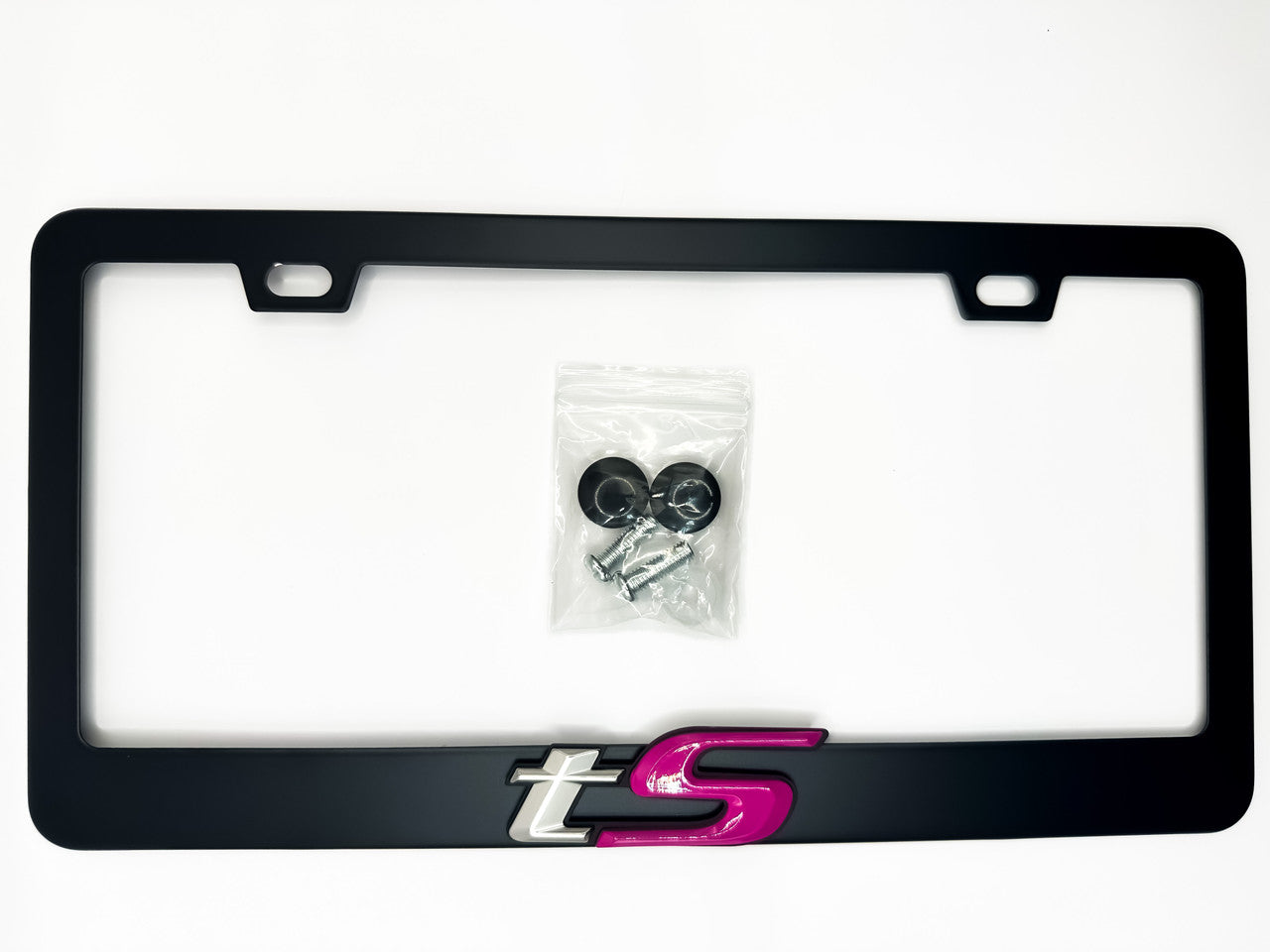 Satin Black Subaru tS License Plate Frame with Pink / Silver Logo