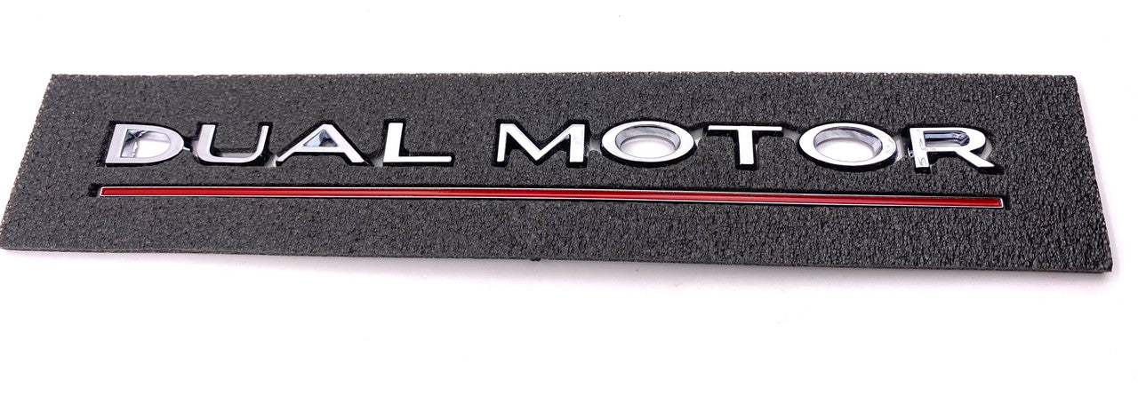 OEM Performance Model Dual Motor Emblem (Chrome + Red Underline)