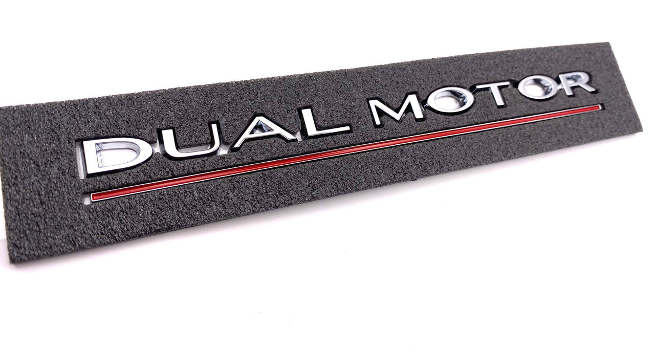 OEM Performance Model Dual Motor Emblem (Chrome + Red Underline)