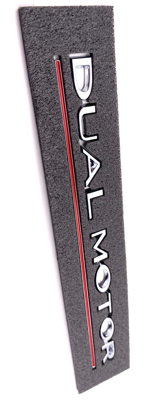 OEM Performance Model Dual Motor Emblem (Chrome + Red Underline)