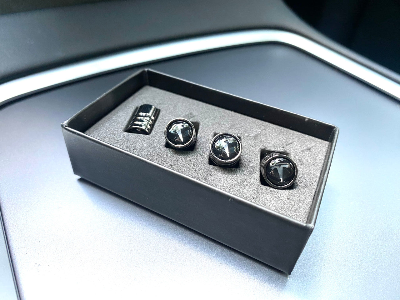 Black Chrome~ Metal Valve Stem Cap Set 4pc for Tesla Models
